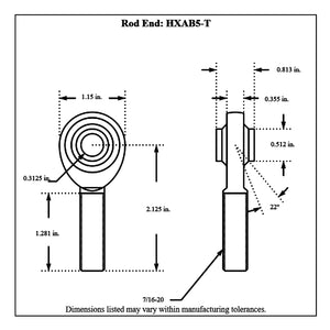 HXAB5-T-Diagram Aurora High Misalignment Rod End - Teflon Lined Left Hand 7 16-20 Thread - 5 16” Hole