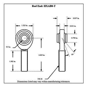 HXAB8-T-Diagram Aurora High Misalignment Rod End - Teflon Lined Left Hand 5 8-18 Thread - 1 2” Hole