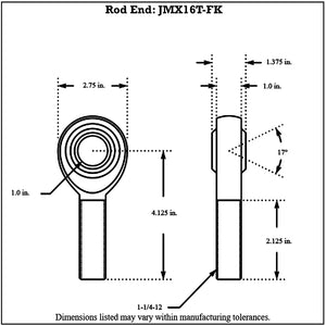 Dimensioned drawing of an FK Bearing male rod end in front and side views, with 1.0 in bore, 1-1/4-12 threaded shank and 4.125 in overall length