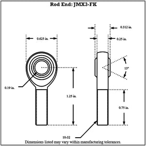 Dimensioned drawing of an FK Bearing male 4130N chromoly rod end with 0.19 in bore, 10-32 threaded shank and 13 degree ball swivel