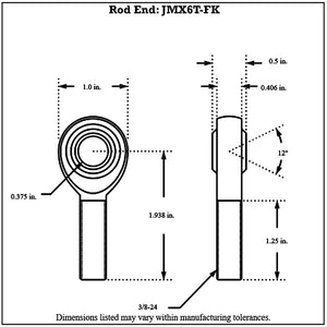 Dimensioned drawing of a male 4130N chromoly rod end by FK Bearing, front and side views, with 0.375 in bore, 3/8-24 shank thread and 1.938 in center-to-end length