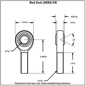 Dimensioned drawing of FK Bearing male 4130N chromoly rod end, front and side views, with 1/2-20 thread, 0.5 in bore and 12 degree ball swivel
