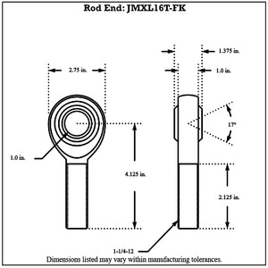 JMXL16T-FK FK Bearing Male Heavy Duty Chromoly Rod End diagram