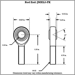 JMXL3-FK_-_Diagram FK Bearing Male Chromoly Rod End Left Hand 10-32 Thread - 3 16” Hole Without Teflon Liner