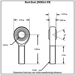 Dimensioned drawing of FK Bearing 4130N chromoly male rod end, front and side views, with 1/4-28 threaded shank, 1.562 in center to shank end and 16 degree ball swivel