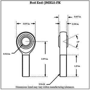 Dimensioned drawing of an FK Bearing male 4130N chromoly rod end, front and side views, with 5/16-24 shank, 0.312 in bore and 1.875 in overall length
