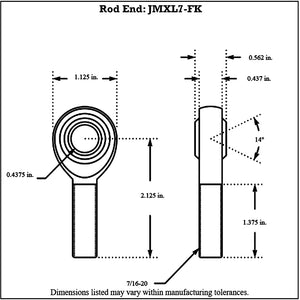 Dimensioned drawing of FK Bearing male 4130N chromoly rod end, front and side views with 0.4375 in. bore, 7/16-20 threaded shank and 2.125 in. overall length