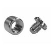 Pro-Werks mild steel weld bung, female threaded collar on the left and male flared fitting with threaded shank on the right