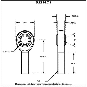 RAB14-T-1-Diagram Aurora Male Chromoly Rod End Left Hand 7 8-14 Thread - 7 8” Hole With Teflon Liner