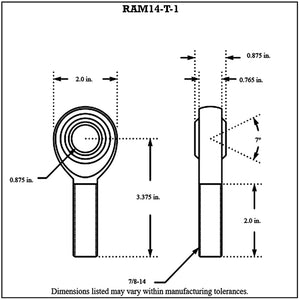 RAM14-T-1-Diagram Aurora Male Chromoly Rod End Right Hand 7 8-14 Thread - 7 8” Hole With Teflon Liner