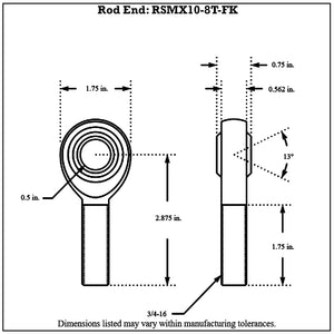 Dimensioned drawing of FK Bearing male 4130N chromoly rod end, front and side views, with 3/4-16 shank thread, 1/2 in ball bore and 13 degree ball swivel