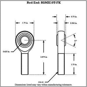 Dimensioned drawing of FK Bearing male 4130N chromoly rod ends, 0.625 in. bore, 3/4-16 thread, 2.875 in. overall length and 13 degree ball swivel