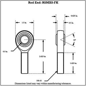Dimensioned drawing of FK Bearing male 4130N chromoly rod ends, front and side views, 0.5 in bore, 5/8-18 thread, 2.625 in overall length