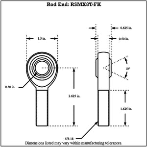 Dimensioned drawing of an FK Bearing male 4130N chromoly rod end in front and side views, with 1/2 in bore, 5/8-18 shank thread and 10 degree ball swivel