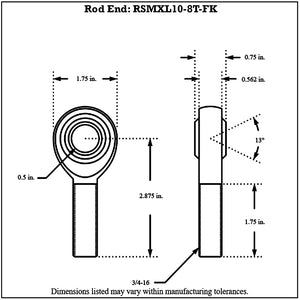 Dimensioned drawing of FK Bearing male 4130N chromoly rod end, front and side views with 1/2 in bore, 3/4-16 thread and 13 degree ball swivel