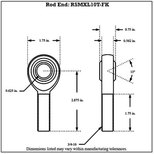 Dimensioned drawing of FK Bearing male 4130N chromoly rod end, front and side views: 0.625 in bore, 3/4-16 shank, 13 degree ball swivel, 2.875 in center-to-end length