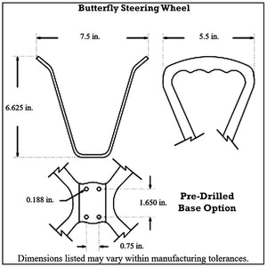 Dimensioned drawing of Pro-Werks butterfly steering wheel, 7-1/2 in. wide and 6-5/8 in. tall, with pre-drilled base option, 0.188 in. holes 1.650 in. apart