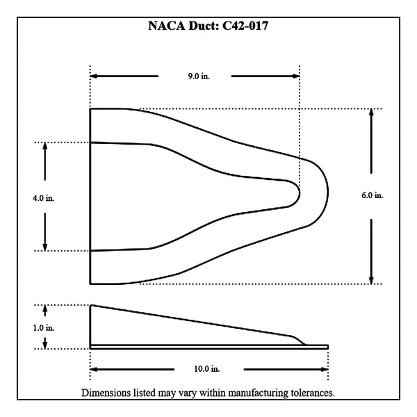 c42-017diagram Fiberglass NACA Duct 4 in. Wide: 9 in. Long: 1 in. Inlet Depth