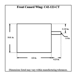 Dimensioned drawing of Pro-Werks front canard wing, 10 in chord by 6 in wide, with a 4-1/4 in mounting tab set 3-1/8 in below the top edge