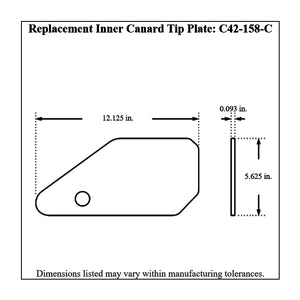Dimensioned drawing of Pro-Werks replacement inner canard tip plate for front canards wings, 12-1/8 in. long by 5-5/8 in. tall and 0.093 in. thick, with one round hole