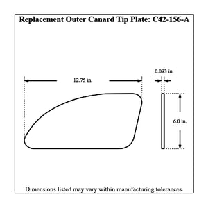 Dimensioned drawing of a Pro-Werks replacement outer canard tip plate, 12.75 in long by 6.0 in tall, with 0.093 in thickness shown in side view