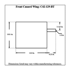 Dimensioned drawing of a Pro-Werks front canard wing, rectangular panel 10 in tall by 14 in wide with a 1 in mounting tube extending 4-1/4 in from one edge