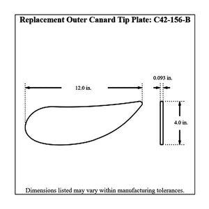 Dimensioned drawing of a Pro-Werks front wing canard tip plate, teardrop profile 12.0 in. long and 4.0 in. tall, with 0.093 in. thick edge view