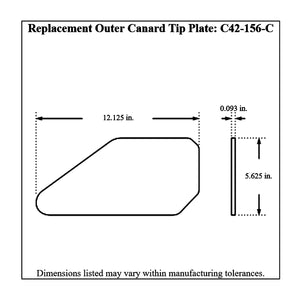 Dimensioned drawing of a Pro-Werks aluminum outer canard tip plate, 12.125 in. long, 5.625 in. tall and 0.093 in. thick