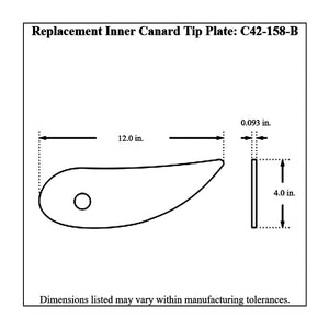 Dimensioned drawing of Pro-Werks replacement inner canard tip plate with curved profile and one mounting hole: 12.0 in. long, 4.0 in. tall, 0.093 in. thick