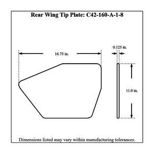 Dimensioned drawing of Pro-Werks rear wing aluminum tip plate, 16.75 in. wide and 11 in. tall, with edge view showing 1/8 in. thickness