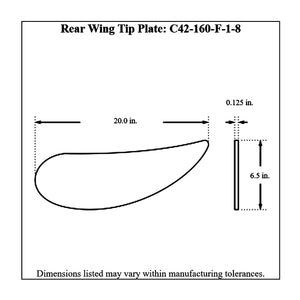 Dimensioned drawing of Pro-Werks aluminum back wing tip plate, curved profile 20 in. long, 6-1/2 in. tall, 0.125 in. thick