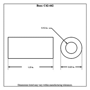 Dimensioned drawing of a Pro-Werks boss, side view and end view, 5/8 in outside diameter with 5/16 in bore and 1-1/4 in length