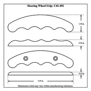 Dimensioned drawing of Pro-Werks butterfly wheel grip in four views, 5.35 in overall length, 1.38 in width, 0.50 in thickness, with two mounting holes