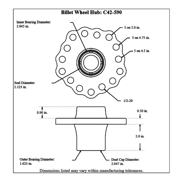 c42-590diagram Black Billet Aluminum Anglia Wheel Hub Drilled: 5 on 4-1 2 Inch - 5 on 4-3 4 Inch - 5 on 5 Inch