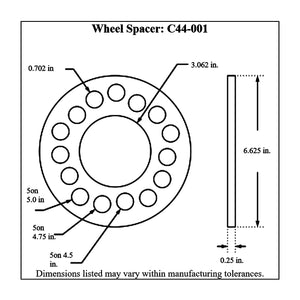 c44-001diagram Pro-werks Billet Aluminum Wheel Spacers, Pair 5 on 4-1 2 inch: 5 on 4-3 4 inch: 5 on 5 inch 1 4 in. Thick