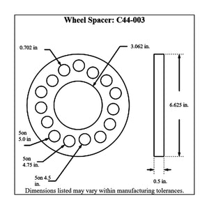 Dimensioned drawing of Pro-Werks billet aluminum wheel spacers, fifteen 0.702 in. holes in 5 on 4.5, 4.75 and 5.0 patterns, 3.062 in. center bore, 6.625 in. outside diameter