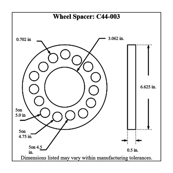 c44-003diagram Billet Aluminum Wheel Spacers 5 on 4-1 2 inch: 5 on 4-3 4 inch: 5 on 5 inch 1 2 in. Thick