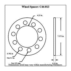 Dimensioned drawing of a Pro-Werks billet aluminum wheel spacer, front and edge views: 4-1/4 in center bore, ten holes on 5 on 5.5 in and 5 on 135 mm patterns, 7-3/8 in outside diameter