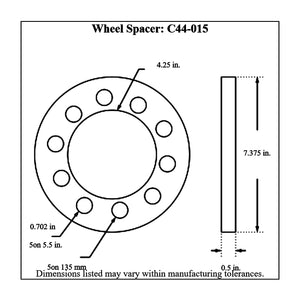Dimensioned drawing of a Pro-Werks billet aluminum wheel spacer: 4-1/4 in. center hole, 0.702 in. bolt holes on 5 on 5.5 in., 7-3/8 in. outside diameter