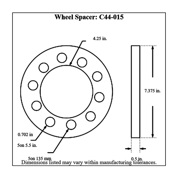 c44-015diagram Billet Aluminum Wheel Spacers 5 on 135 mm: 5 on 5-1 2 inch 1 2 in. Thick