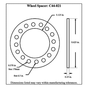 Dimensioned drawing of Pro-Werks billet aluminum wheel spacers, face and edge views: 5-1/8 in. center hole, 8-5/8 in. outside diameter, 1/4 in. thick