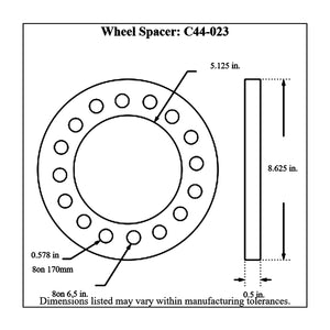 Dimensioned drawing of Pro-Werks billet aluminum wheel spacers, 5.125 in. center hole, 0.578 in. bolt holes in 8 on 170 mm and 8 on 6.5 in. patterns, 8.625 in. outside diameter