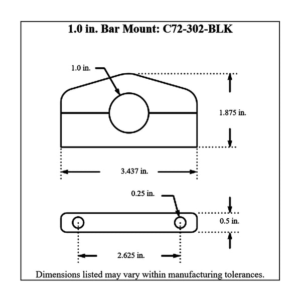 c72-302-BLKdiagram Billet Aluminum Bar Mount. Includes Stainless Steel Hardware 1 Inch Brilliance Black