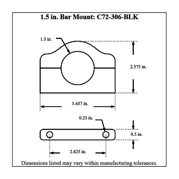 c72-306-BLKdiagram Billet Aluminum Bar Mount. Includes Stainless Steel Hardware 1-1 2 Inch Brilliance Black