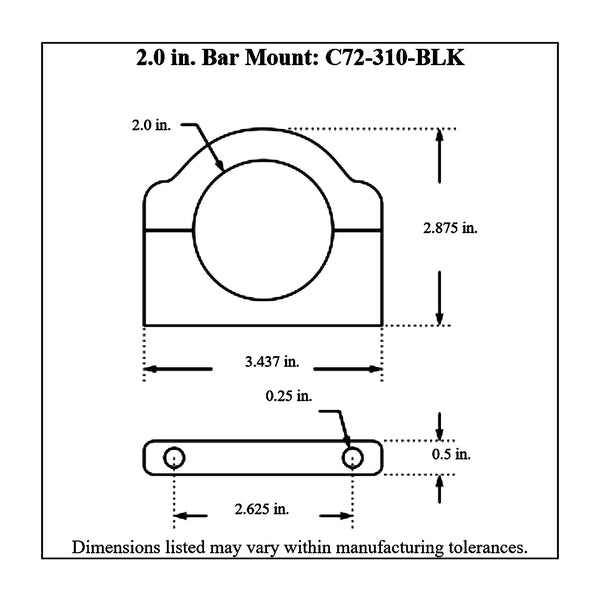 c72-310-BLKdiagram Billet Aluminum Bar Mount. Includes Stainless Steel Hardware 2 Inch Brilliance Black