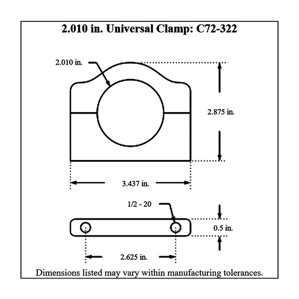 c72-322 Billet Aluminum Universal Clamp. Includes Stainless Steel Hardware 2.010 Inch - Also fits small Fox and small King shock reservoirs Polished