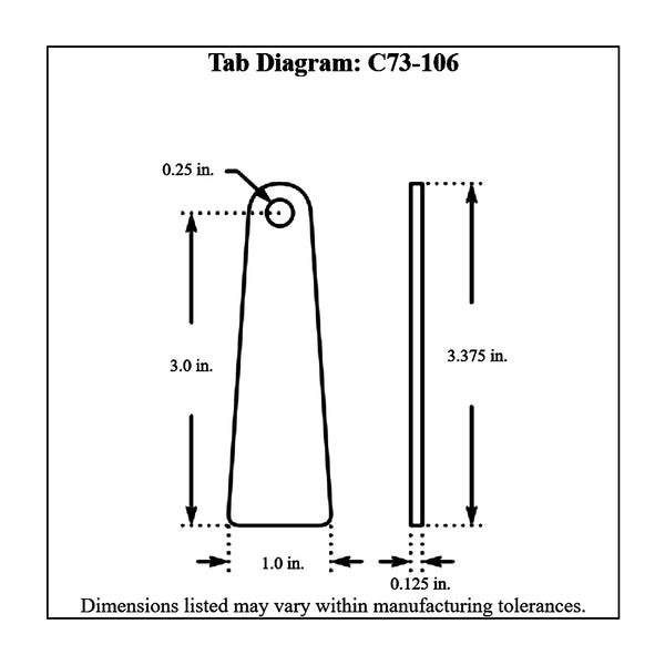 c73-106-4diagram 1/4 Inch Hole, 1/8 Inch Thick, 3 Inch Hole Height, Mild Steel Flat Weld Tab