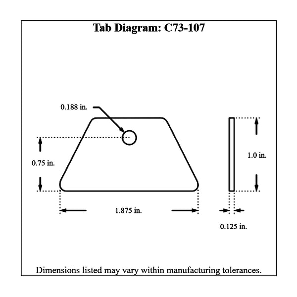 c73-107-10diagram 3/16 Inch Hole, 1/8 Inch Thick, 3/4 Inch Hole Height, Mild Steel Flat Weld Tab