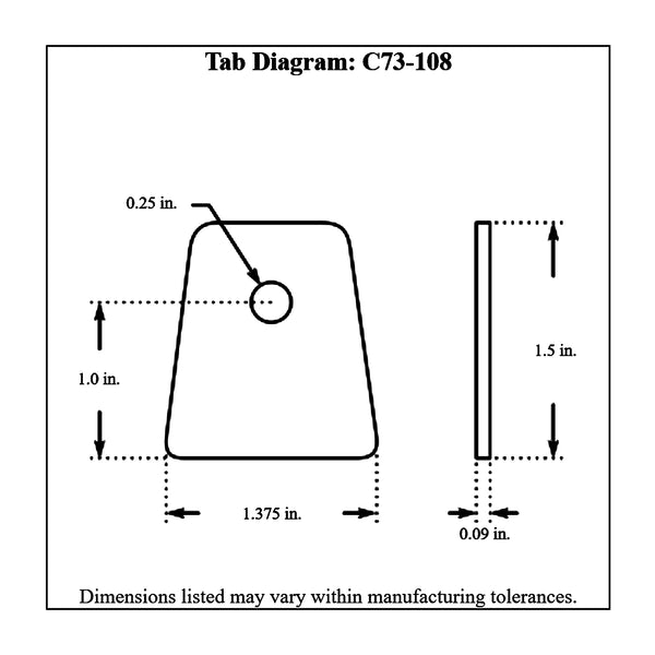 c73-108-4diagram 1/4 Inch Hole, 3/32 Inch Thick, 1 Inch Hole Height, Mild Steel Flat Weld Tab