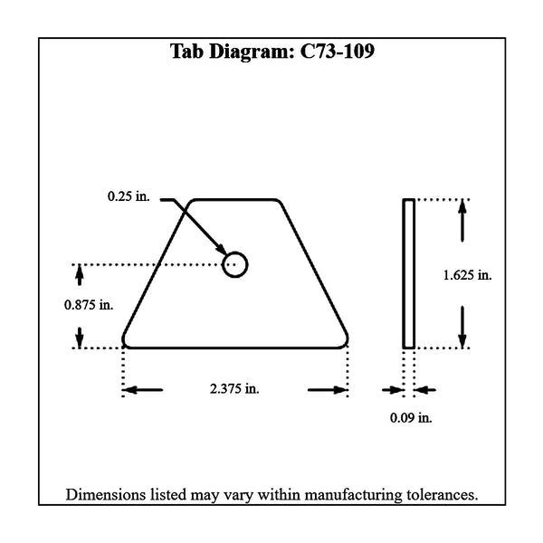 c73-109-10diagram 1/4 Inch Hole, 3/32 Inch Thick, 7/8 Inch Hole Height, Mild Steel Flat Weld Tab